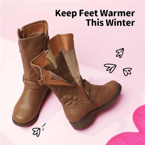 Girls Faux Fur Lining Knee High Winter Motorcycle Riding Boots Toddler/Kids - Picture 4 of 6